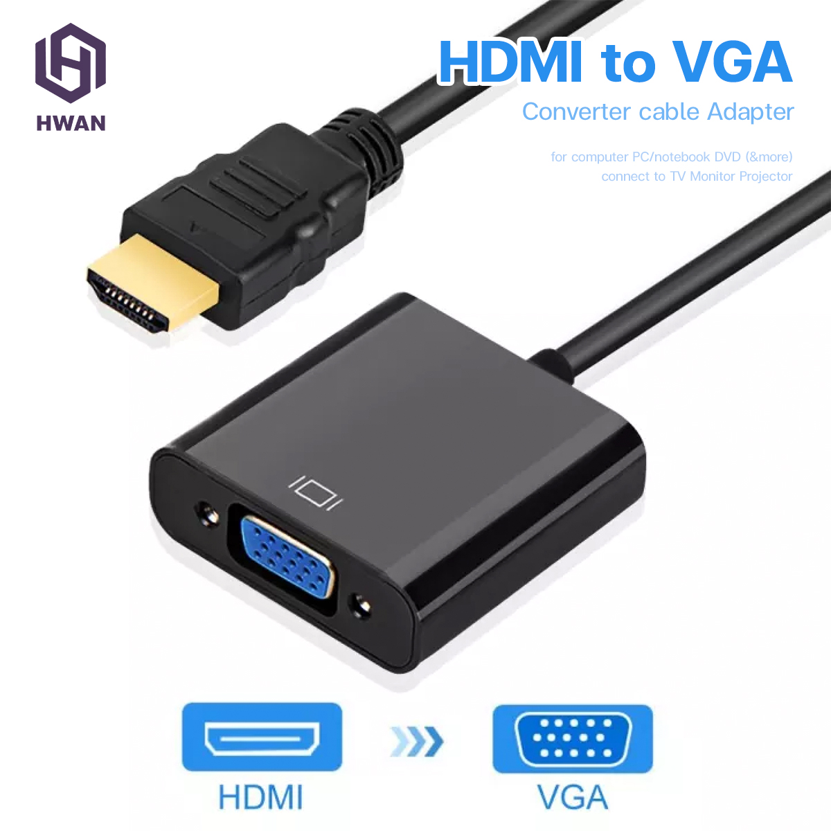 HDMI to VGA สายแปลง HDMI to VGA สายแปลงสัญญาณ จาก HDMI ออก VGA เฉพาะภาพ HDMI to VGA Converter cable Adapter for computer PC/notebook DVD (&more) connect to TV Monitor Projector #T3