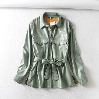 ZZOOI Tangada Women light green faux leather jacket coat with beltLadies Long Sleeve loose oversize boy friend Coat 6A125 thumbnail
