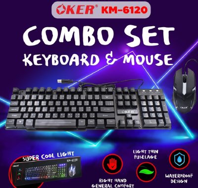 Oker KM-6120 คีย์บอร์ดเรืองแสง+Mouse GAMING มีไฟ