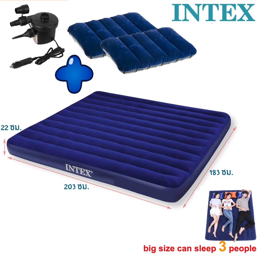 Intex Airbed Bed ที่นอนเป่าลม  ปิคนิค ขนาดกว้าง 6ft King 1.83 x 2.03 x 0.25 m สีฟ้า + หมอน2ใบ + สูบลมไฟฟ้า Blue with 2 Pillows and Air Pump big size สามารถนอนได้ 3คน Xliving