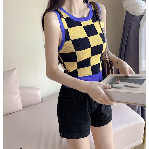 (2545)เสื้อครอปแขนกุดไหมพรมknit ทอลายตารางสลับสี สไตล์ฮิปสเตอร์สุดชิค ...