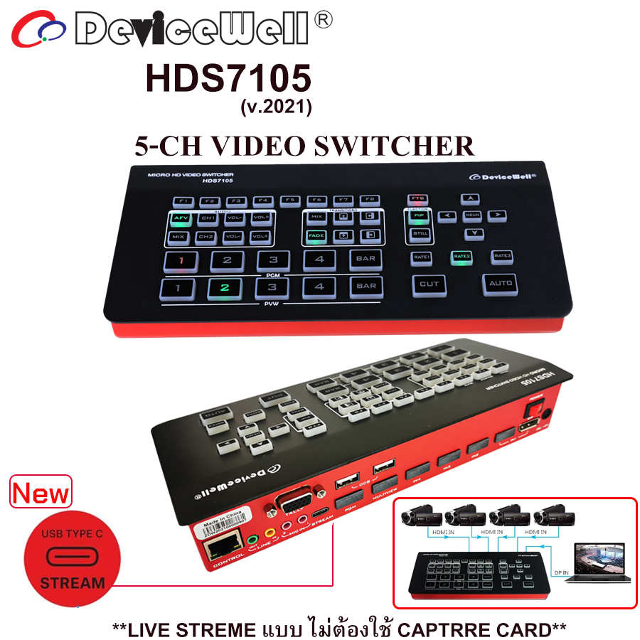 DeviceWell HDS7105 ใหม่ !! เวอร์ชั่น 2021 !! เพิ่มPort USB Type -C Super Mini Switcher HDMI