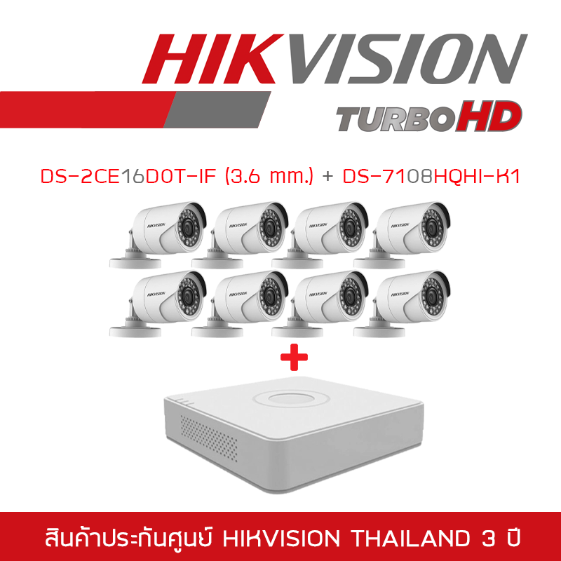 Hikvision ชุดกล้องวงจรปิด 8 ช่อง 2MP DS-7108HQHI-K1 + DS-16D0T-IFx8 (3.6 mm) BY BILLIONAIRE SECURETECH