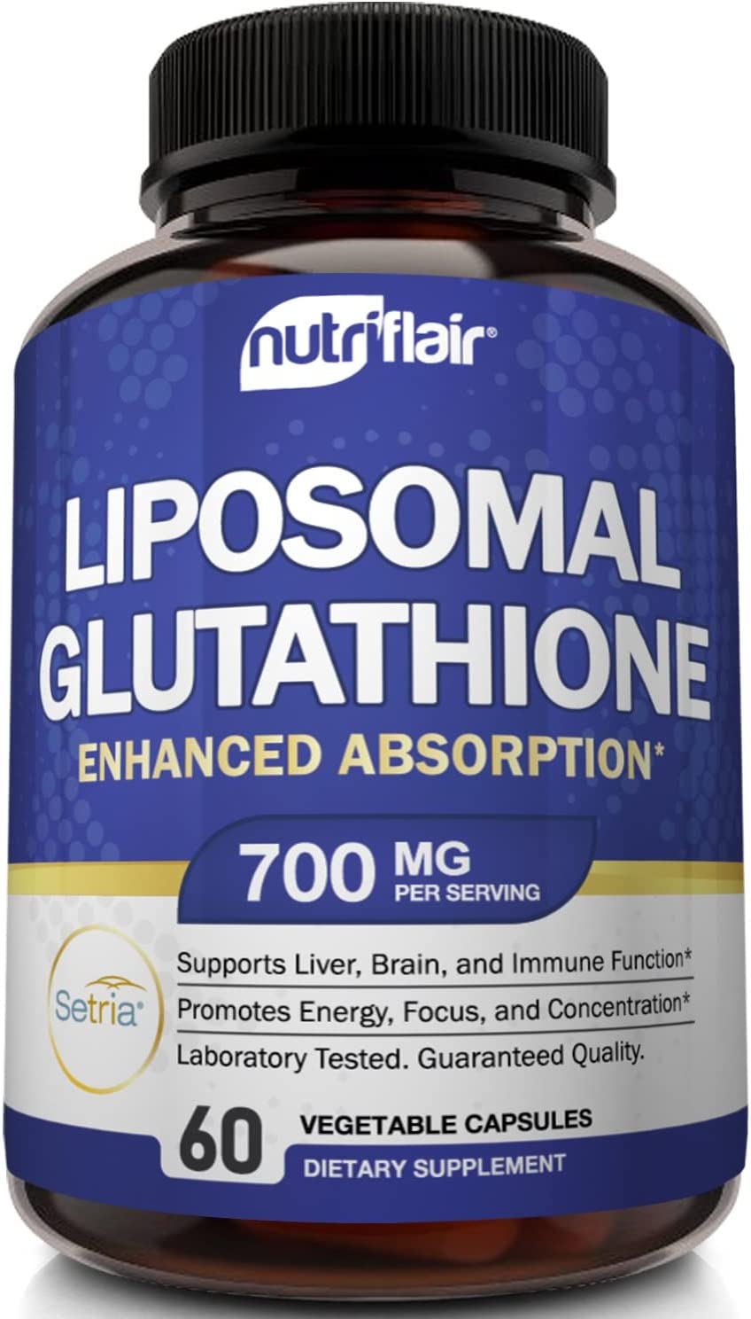 NutriFlair Liposomal Glutathione Setria 700 mg Pure Reduced, Stable, Active Form L Glutathione reductase (GSH), Enhanced Absorption - Non GMO Antioxidant, Detox, Cardiovascular, Brain, Immune Health 60 Vegetable Capsules
