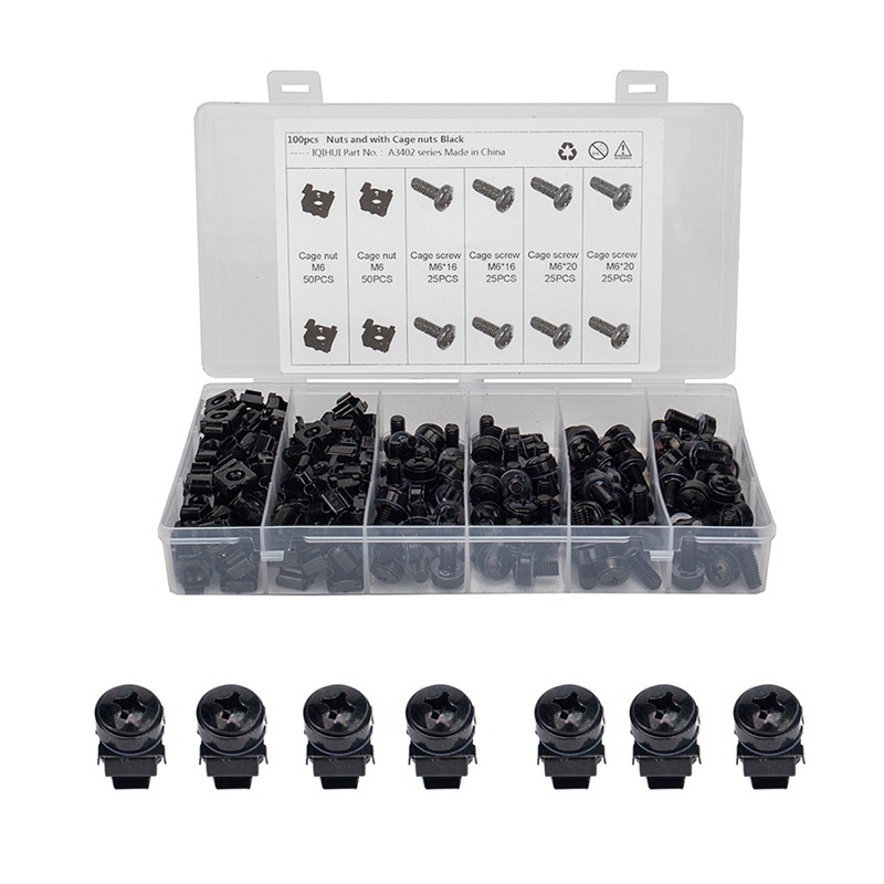 100Pcs M6 12mm Nuts and Screw Screw with Cage Nuts Black for Server Rack Cabinet Rack Mount Screws