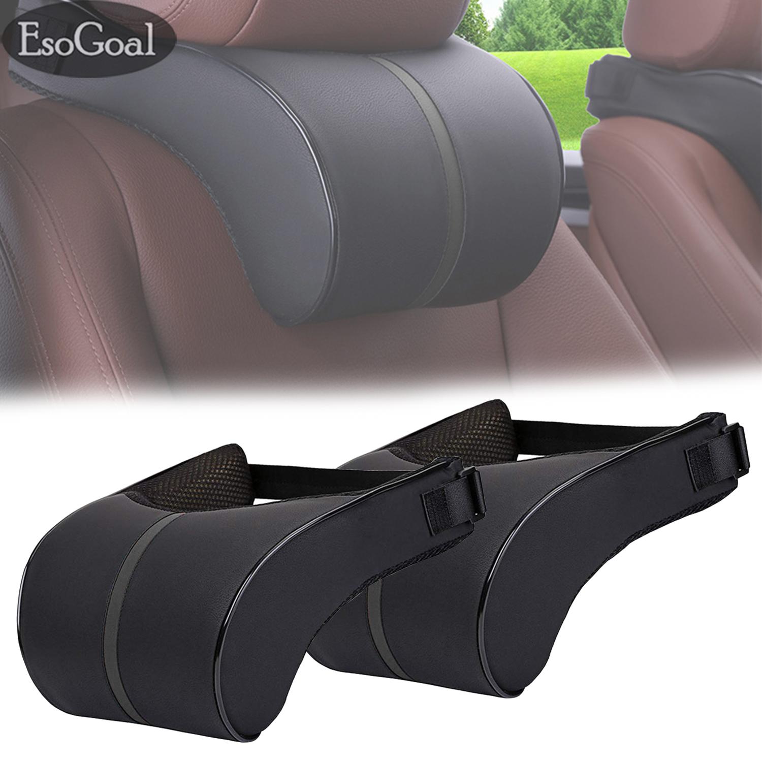 EsoGoal พนด้ารถหมอนรองคอCar Seat Neck Pillow Car Headrest Pillow PU Leather Head Neck Rest Pillow Adjustable Headrest Pillow Cushion Pad สี Black x 2 สี Black x 2