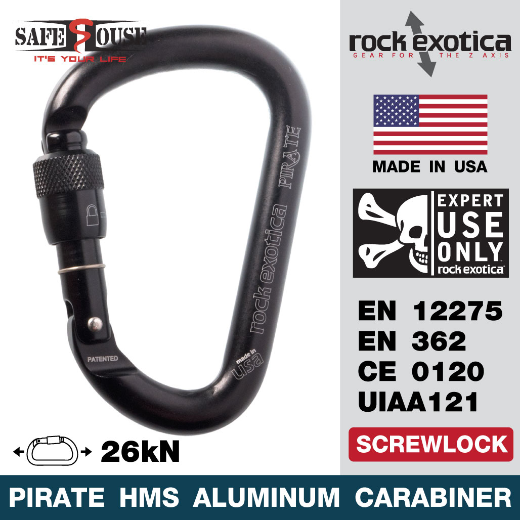 คาราบิเนอร์ทรงลูกแพร ปากเปิดชนิดเกลียวหมุนล็อค Pirate ScrewLock Aluminum Carabiner สีดำ คาราบิเนอร์จากแบรนด์ Rock Exotica