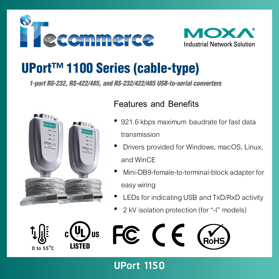 MOXA UPort 1150 1-Port RS-232/422/485 USB To Serial Converters สาย.