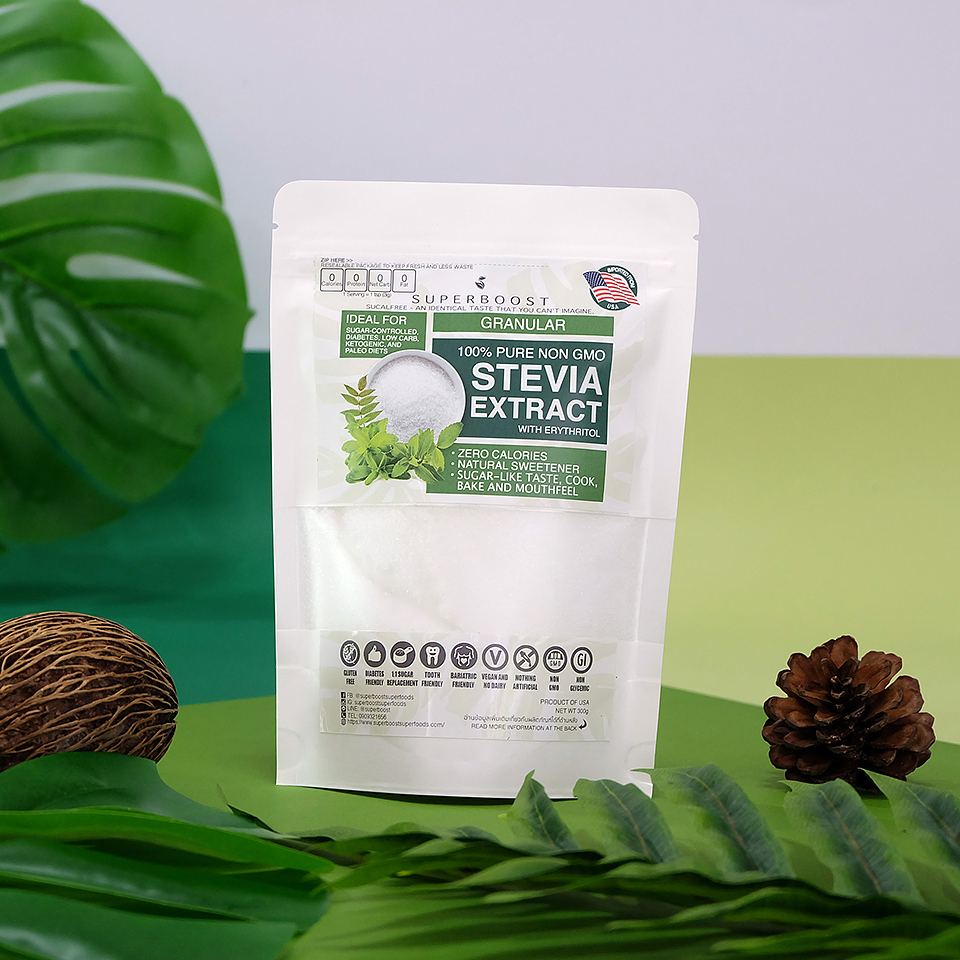 สตีเวีย อิริทริทอล ธรรมชาติ 100% (Stevia x Erythritol) นำเข้าจากอเมริกา ตรา Superboost Superfood คีโต เบาหวาน ทานได้