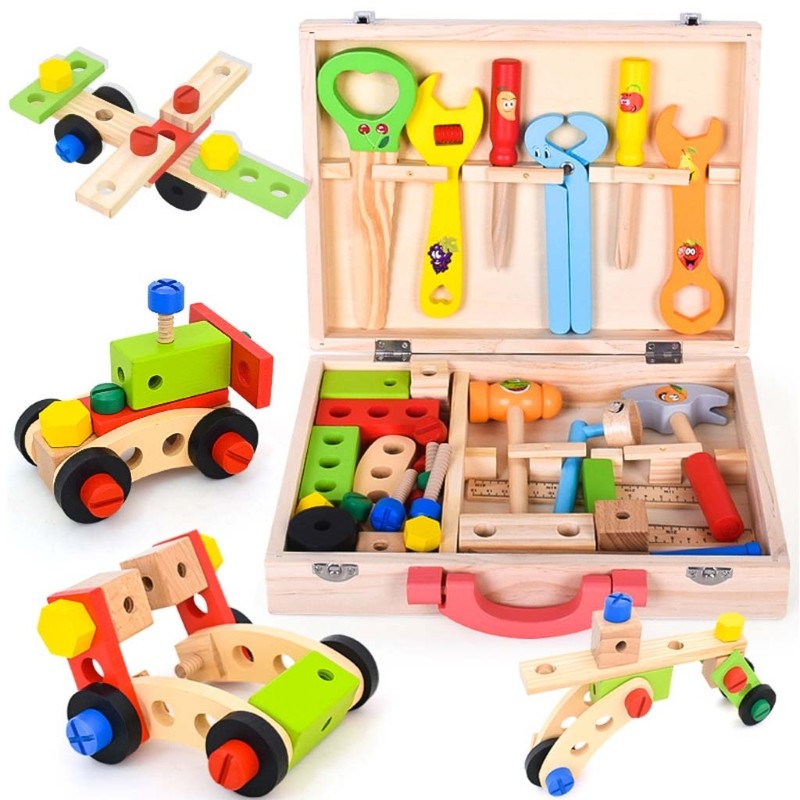 กล่องเครื่องมือไม้ DIY เครื่องมือก่อสร้าง กล่องเครื่องมือไม้ การจำลองชุดบำรุงรักษา Early Education ของเล่นสำหรับประกอบถอด