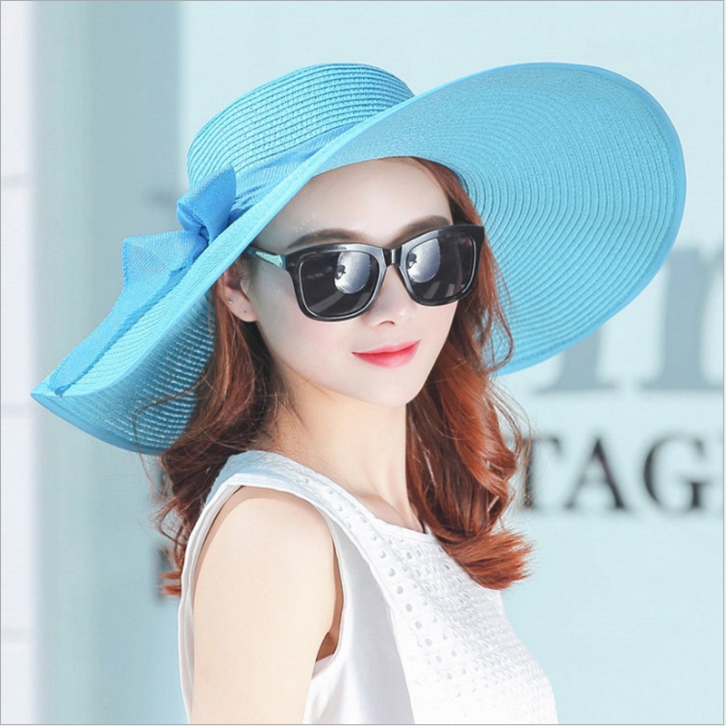 Simple Summer Straw Hat Women Big Wide Brim Beach Hat Sun Hat Foldable Sun Block Uv Protection 3255