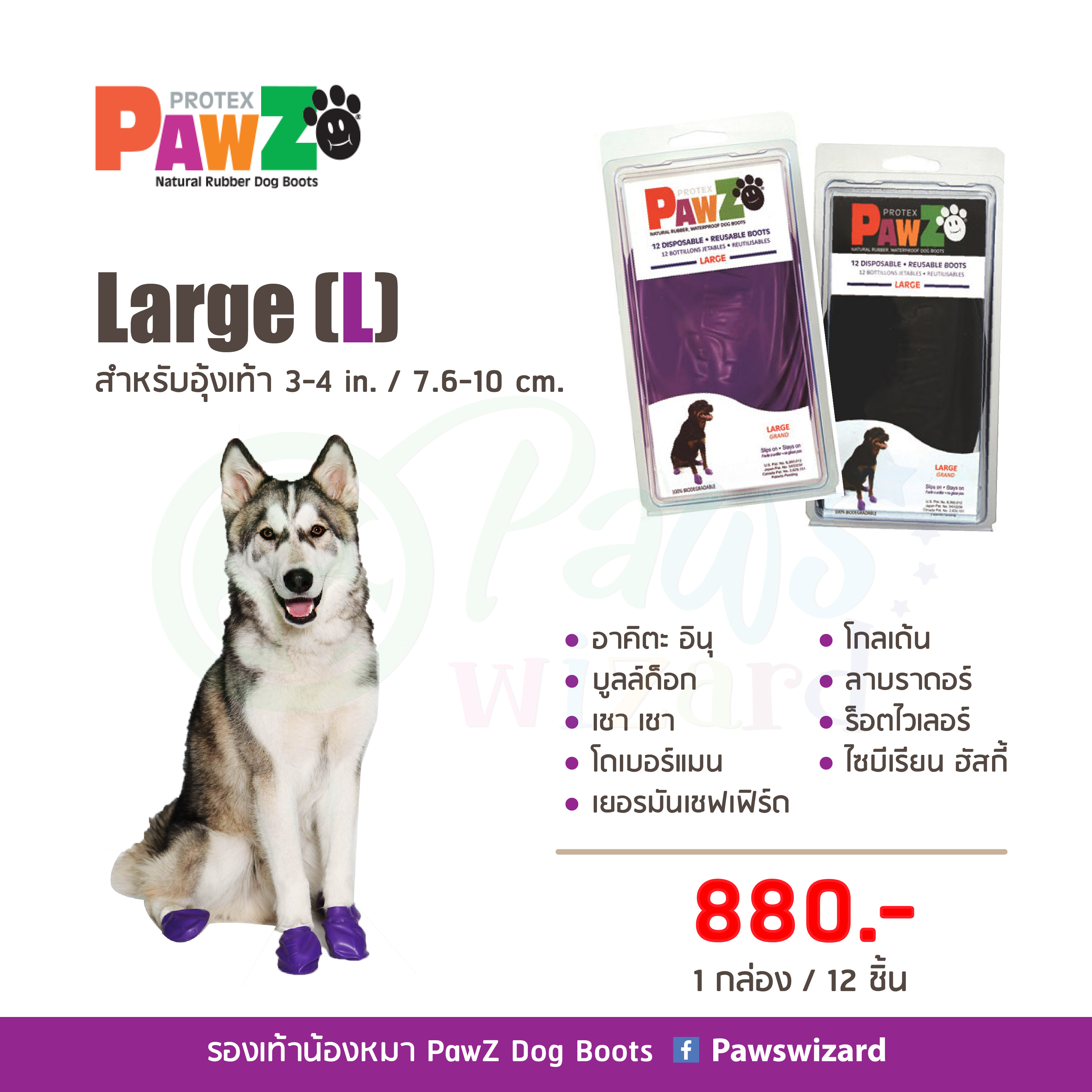 PawZ Dog Boots รองเท้าสุนัข (12ชิ้น) รองเท้าสุนัขกันลื่นกันน้ำ ไซส์  Large (L) สำหรับอุ้งเท้า 3-4 in. / 7.6-10 cm.