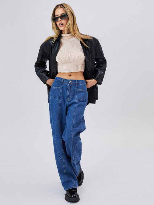 Cider Middle Waist Pocket Wide Leg Jeans กางเกงยีนส์ขายาวผู้หญิงกางเกงแฟชั่นผญลุคสตรีทสไตล์