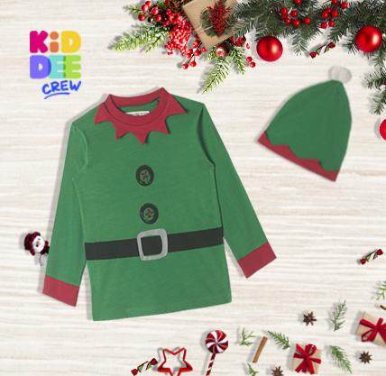 KiddeeCrew ชุดคริสมาสต์เอลฟ์+หมวกเอลฟ์  Christmas Elf + Elf Hat สำหรับเด็กอายุ 2-4 ปี