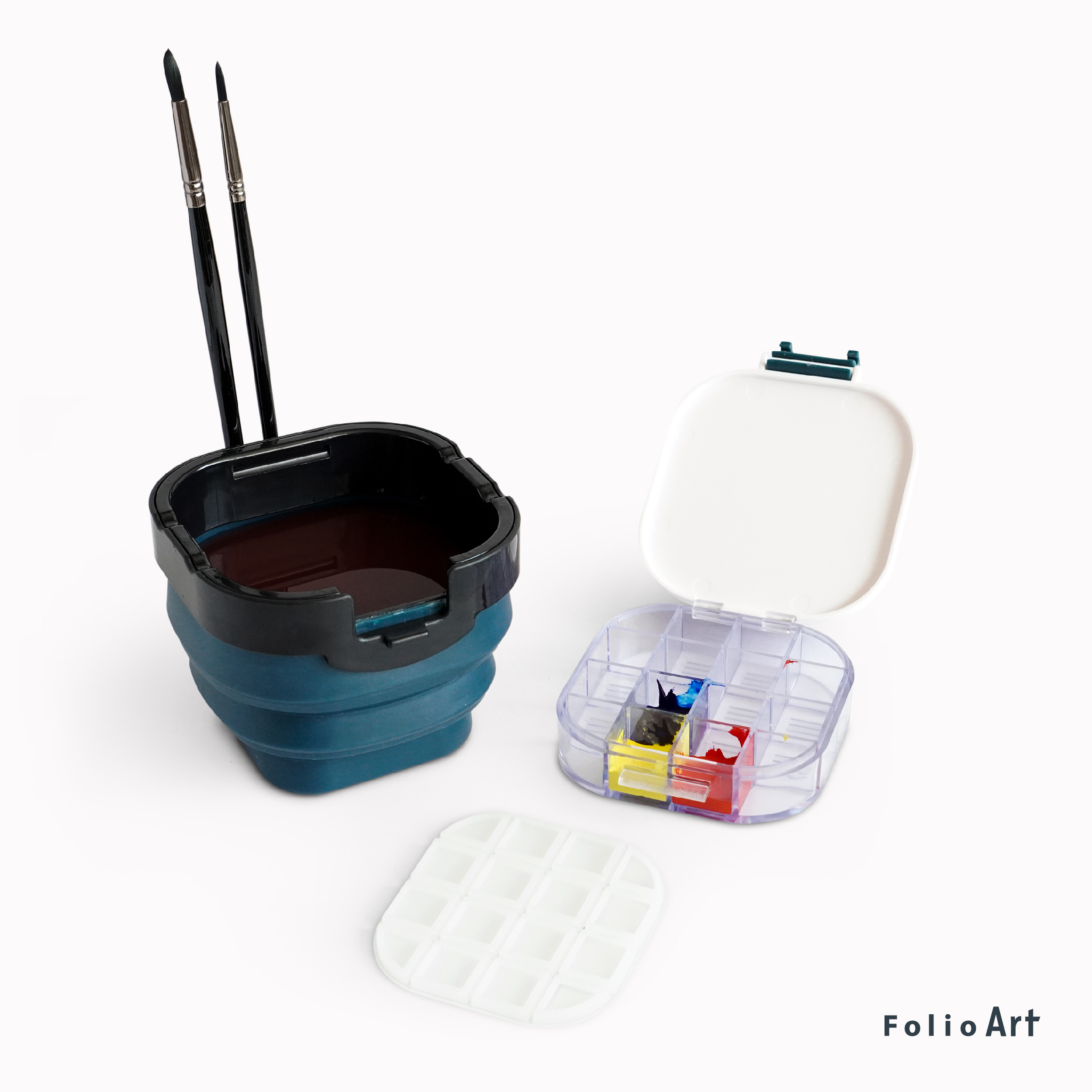 FOLIO ART : Foldable watercolor pot ถังล้างพู่กันพับได้ ถังสีน้ำพกพา ถังล้างสีน้ำมีฝาปิด 3ช่อง+ช่องเสียบพู่กัน