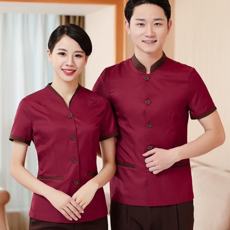 (L-4XL) เสื้อยูนิฟอร์มสีแดง พนักงานทำความสะอาด พนักงานโรงแรม แม่บ้าน แขนสั้น ชาย/หญิง #4414