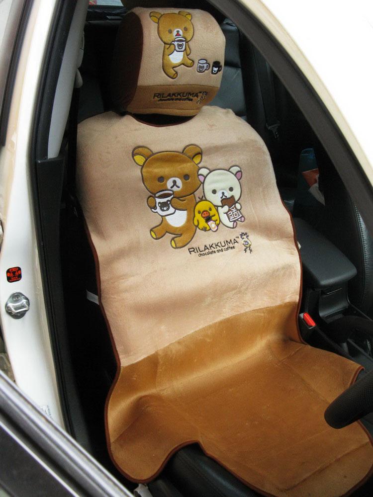 ลิขสิทธิ์แท้ หุ้มเบาะริลัคคุมะ ชุดหุ้มเบาะหน้า หุ้มหัวเบาะ เสื้อคลุมที่นั่งรถยนต์ และที่คลุมหัวเบาะ สำหรับ 1 ที่นั่ง สีน้ำตาล  Rilakkuma 2 pieces Full Car Seat Cover + Head Rest for 1 Seat #Coffee