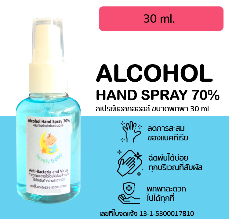 Spray Alcohol 70% สเปรย์แอลกอฮอล์  ป้องกันเชื้อโรค ฉีดพ่นได้ทุกพื้นผิว มีเลขจดแจ้ง 30 ml.
