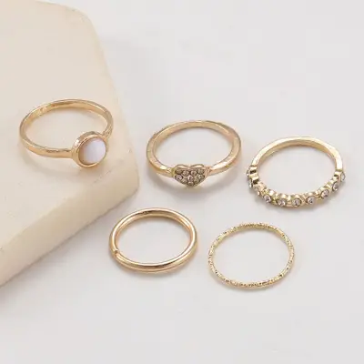 5pcs/set rings Gold Women Rings Joint Ring Women Jewelry Vintage Bohemian Retro Fashion Accessories Heart Rhinestone Adjustable Gold Plated Ring for Party Wedding