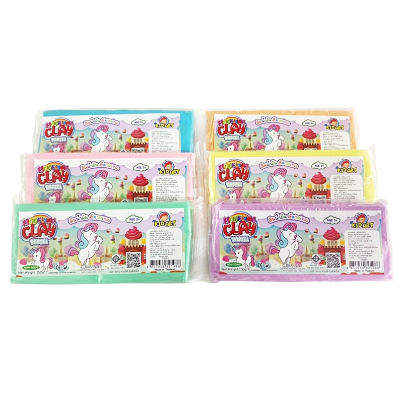 คิดอาร์ท ดินน้ำมัน สูตรนิ่ม สีพาสเทล 150g.ก้อน 6ก้อนแพ็ค Kidart Modeling  Clay 150g.Pc. 6Colors (T150PT6) Set - เบสบายสเตชั่นเนอรี่ - ThaiPick