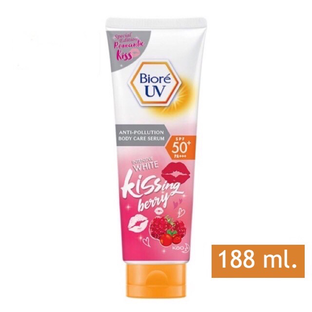 ? ครีมกันแดด Biore UV Anti-Pollution Body Care Serum Intensive White Kissing Berry SPF50+ PA+++ 188ml. บิโอเร ยูวี แอนตี้โพลูชั่น บอดี้แคร์ เซรั่ม อินเทนซีฟไวท์ คิสซิ่ง 188 มล.
