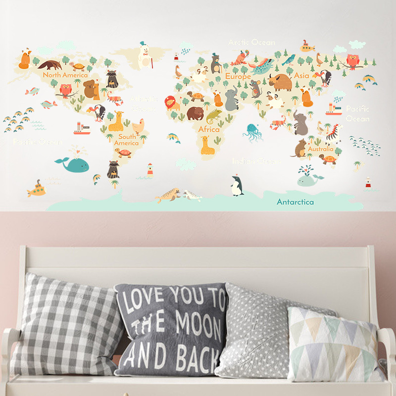 Cartoon Animals Map Wall Stickers for Kids room Bedroom Kindergarten ...