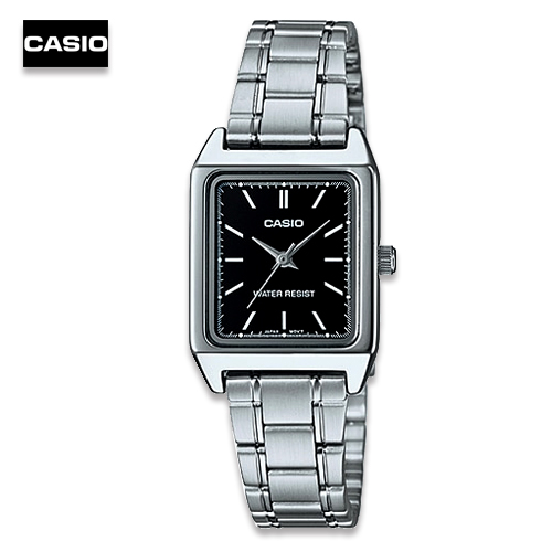 Velashop Casio นาฬิกาข้อมือผู้หญิง สีเงิน/หน้าดำ หน้าปัดสี่เหลี่ยม สายสเตนเลส รุ่น LTP-V007D-1EUDF, LTP-V007D-1E, LTP-V007D