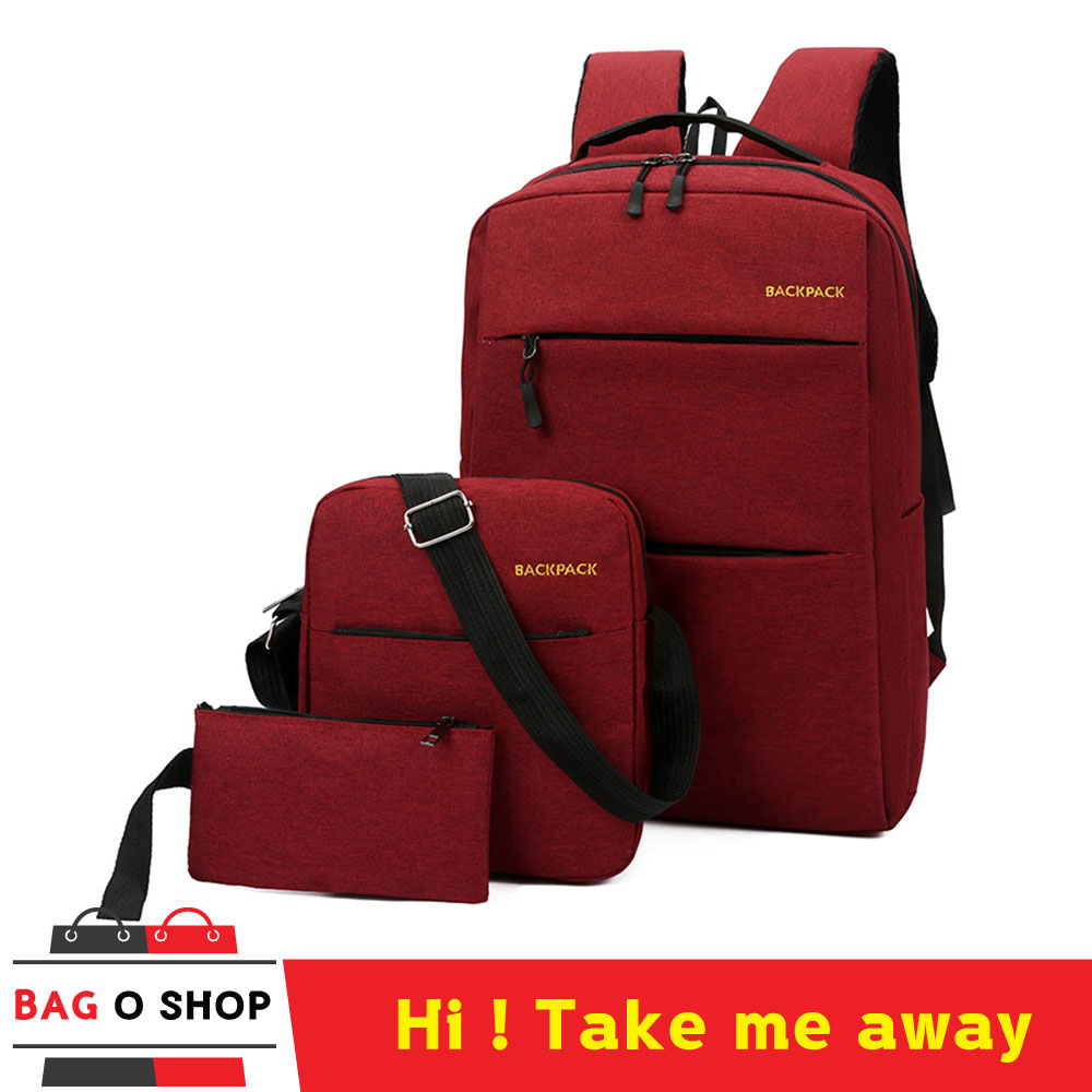 กระเป๋าเป้สะพายหลังเซต 3 ใบ พร้อมสายชาร์จ USB กระเป๋าโน๊ตบุค กระเป๋าใส่คอม สินค้าพร้อมส่ง สี สีแดง