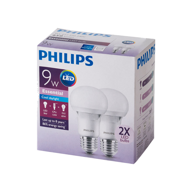 ฟิลิปส์ หลอดไฟขั้ว E27 Essential LED 9 วัตต์ แสงขาว 2 หลอด/Philips bulb E27 Essential LED 9 watts 2 white light