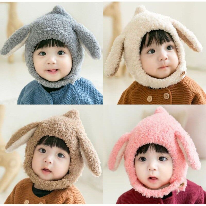 หมวกไหมพรมฟู หมวกเด็กแต่งหูกระต่าย