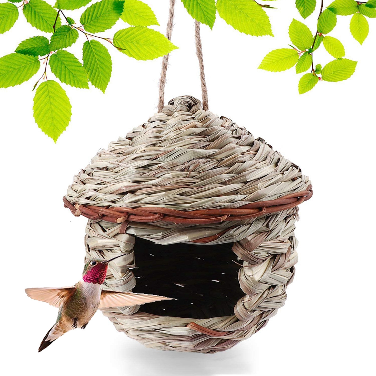 Image showcasing HYJFCBH บ้านนอกแขวนหญ้าธรรมชาติทอตกแต่ง Bird House Bird Hut Hummingbird ...