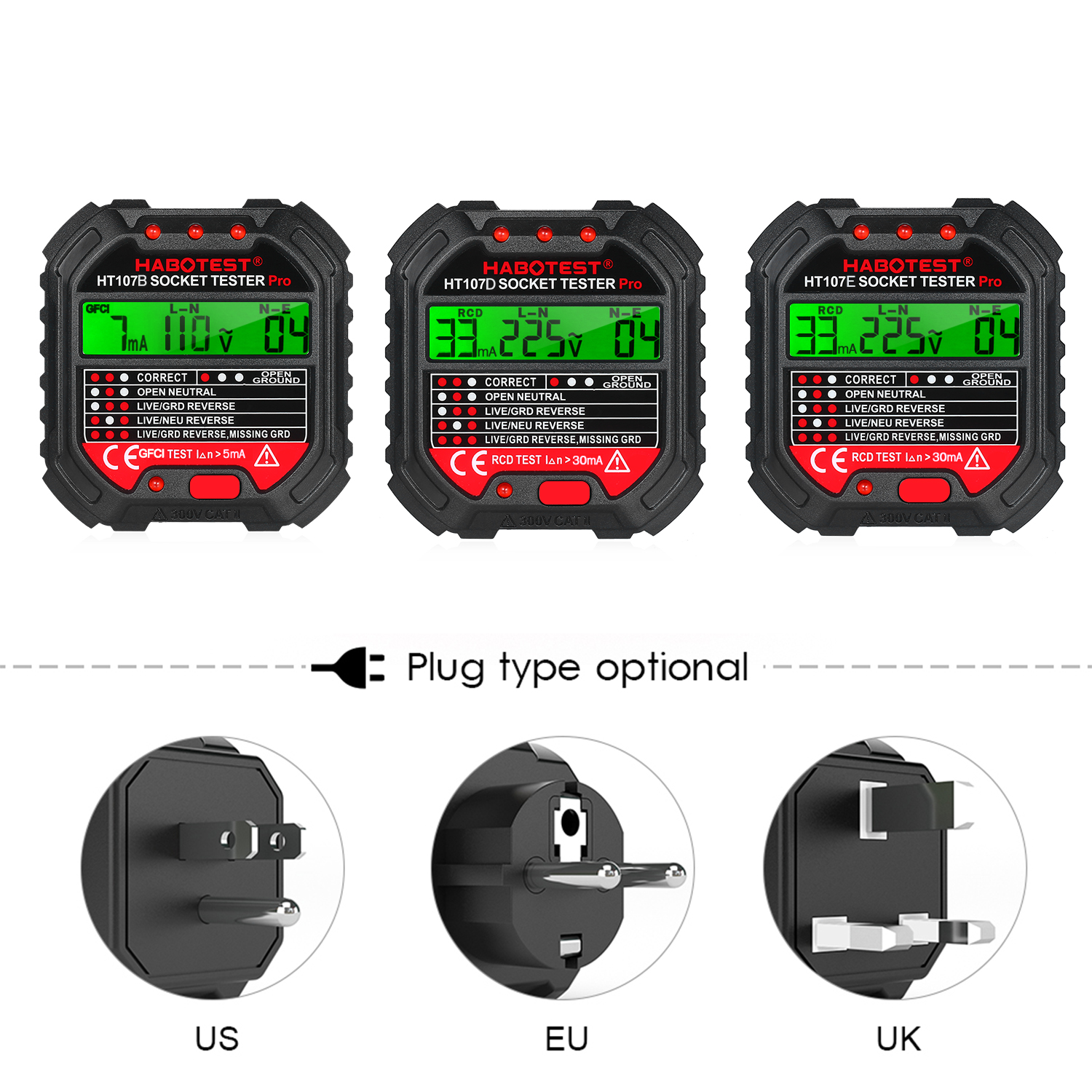 HABOTEST GFCI Outlet Tester with Voltage Display 90-250V Socket Tester Automatic Electric Circuit Polarity Voltage Detector Breaker Finder HT107E