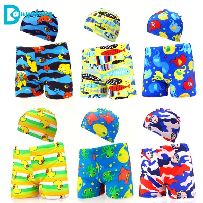 【DOUYATANG】2Pcs Cartoon Children's Swimming Trunks Boxer Baby Boys Swimwear Swimming Shorts Cap 1-5 Years