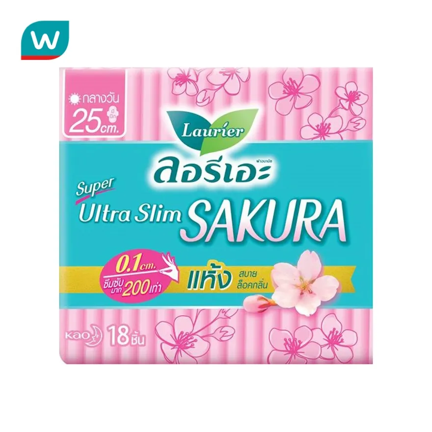 Laurier ลอริเอะ ผ้าอนามัย ซูเปอร์ อัลตร้า สลิม เฟรช คอนโทรลซากุระ เฟรช 25 ซม. มีปีก 18 ชิ้น