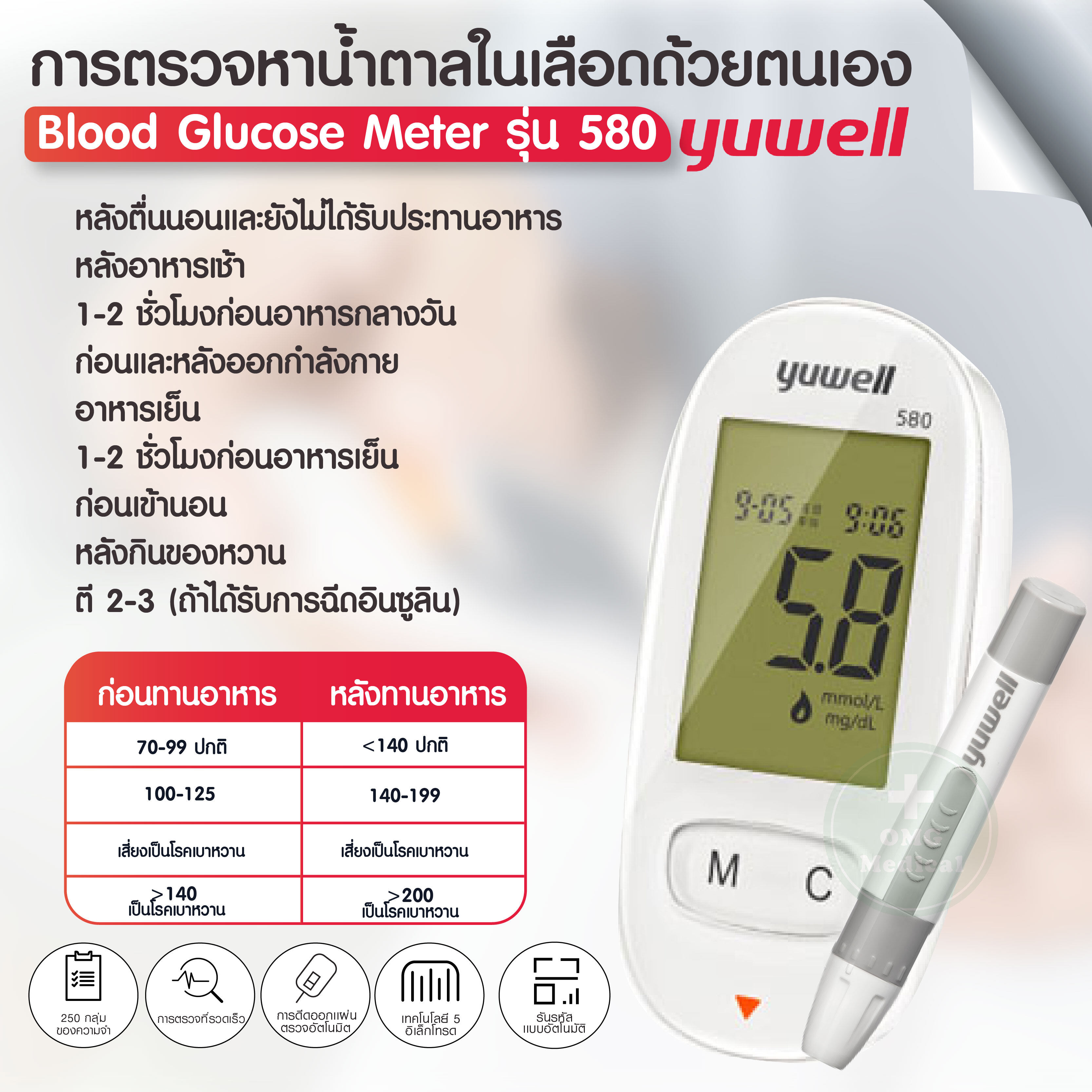 เครื่องตรวจวัดระดับน้ำตาลในเลือด Blood Glucose Monitoring System ยี่ห้อ Yuwell รุ่น Accusure 580 | Lazada.co.th