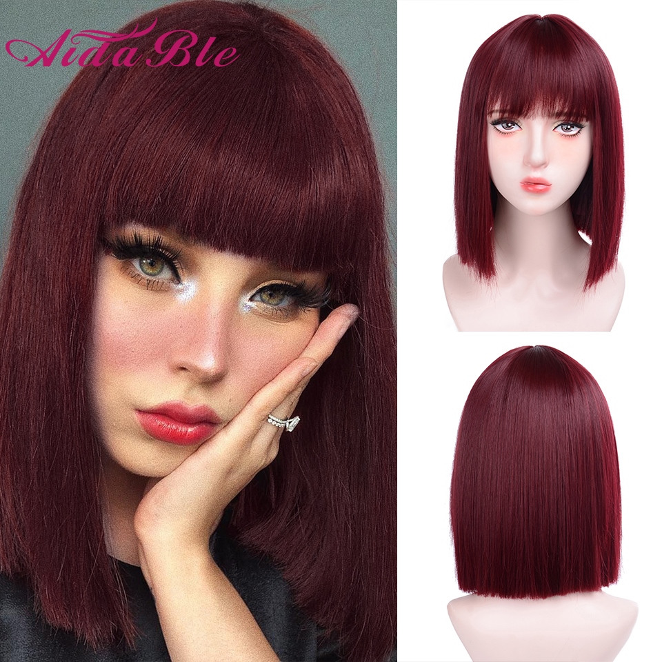 Red RNTOP Women Synthetic Hair,Natural Looking Short Cosplay Bobo Wig Wine Red and Black Synthetic Straight Wigs with Flat Bangs 