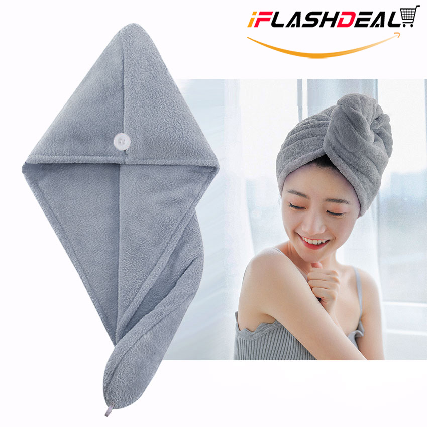 iFlashDeal ผ้าเช็ดตัว Dry Hair Cap Microfiber Towel Hair Drying   Hat Quick Dryer Water Absorbent Shower Turban Fast Magic Hair Wrap with Button Wrapped Bath Cap Facial Salon Face Wash Towels สี สีเทา สี สีเทา