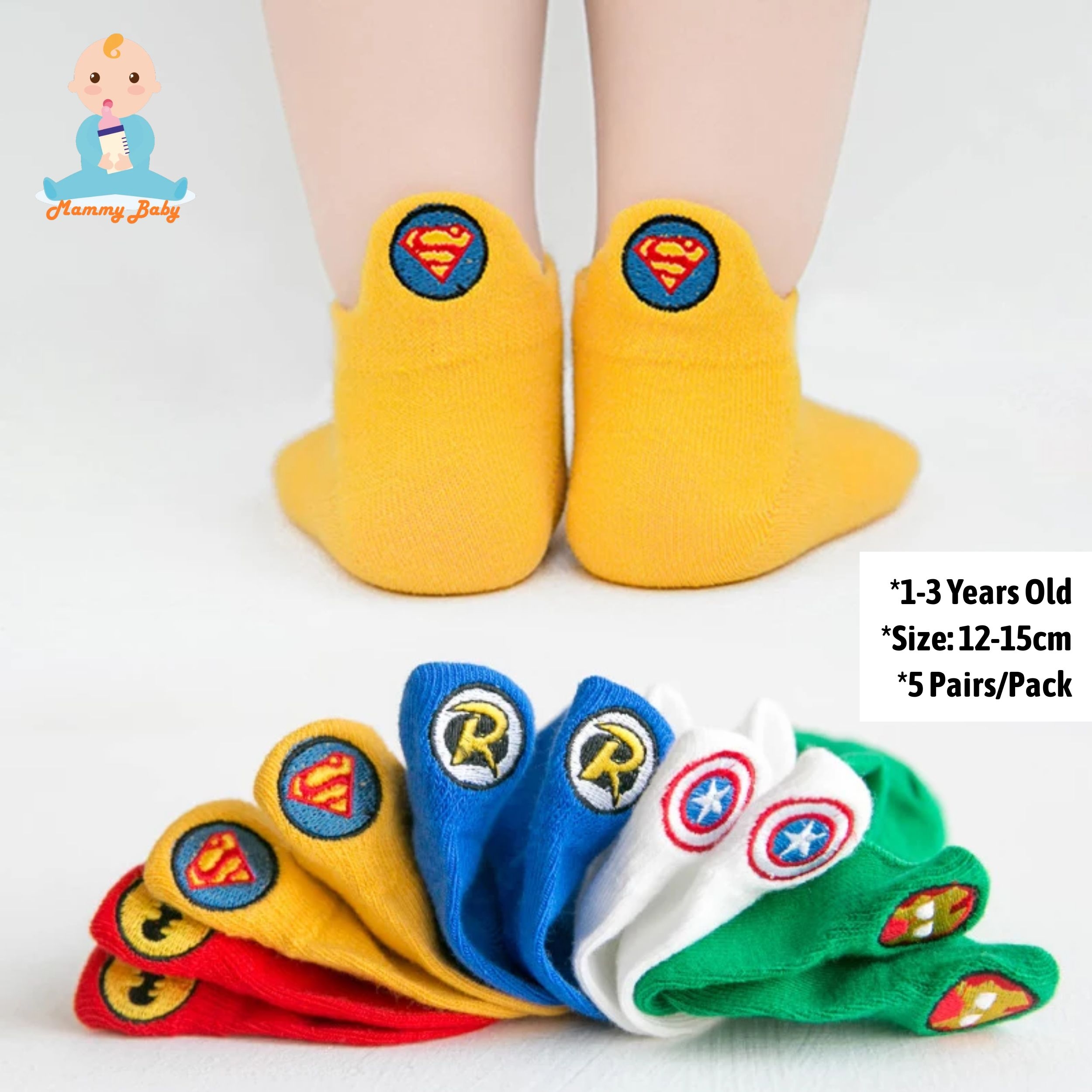 MAMMY BABY Boys & Girls Fashion Design Size-S (1-3ขวบ) ความยาว  S12-15cm ถุงเท้าเด็ก ถุงเท้าแฟชั่นถุงเท้า style เกาหลี 1เซต5คู่5สี (5 pair/pack )ระบายอากาศได้ดี ใส่สบาย