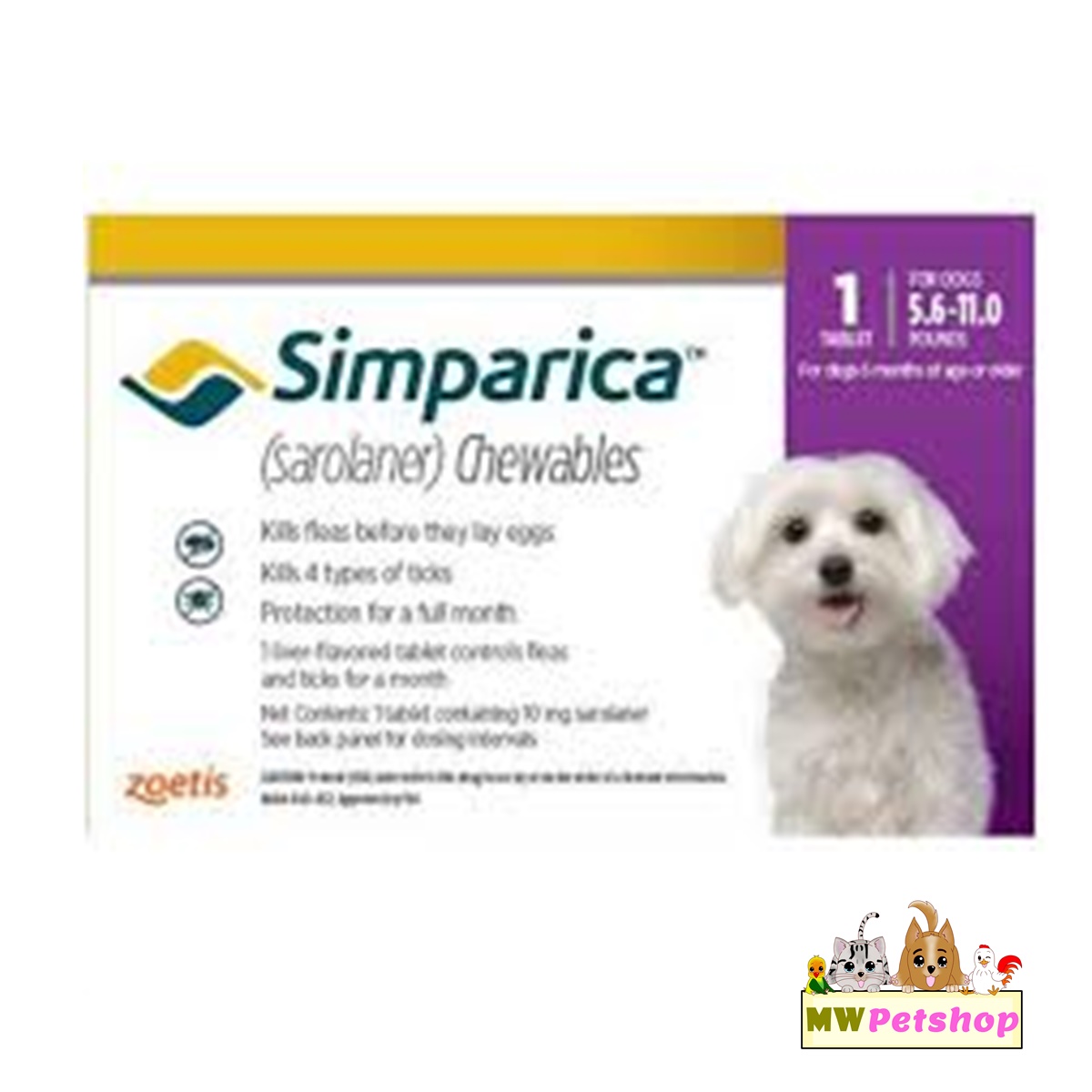 Simparica dog 2.5 - 5.0 kg ซิมพาริคา กำจัดเห็บ สุนัข น้ำหนัก 2.5 - 5.0 ...