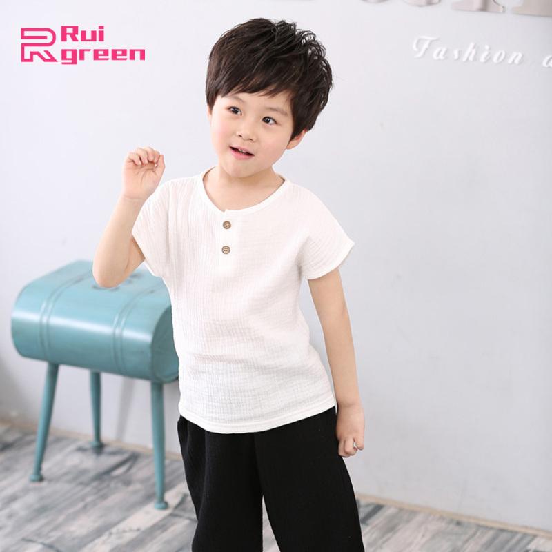 Rui green เสื้อยืดเด็กผู้ชายผ้าฝ้ายแขนสั้นและเสื้อยืดลินินเด็กสีทึบด้านบน
