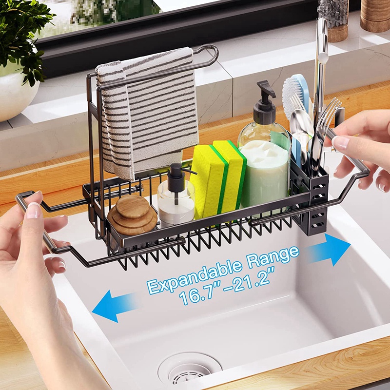 Sponge Holder for Kitchen Sink, Sink Caddy, Expandable (16.7-21.2)  Kitchen Sink Organizer with Dishcloth Towel Holder, Stainless Steel Over  Sink