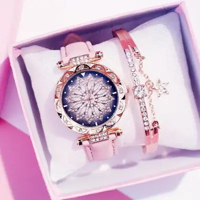 【Free box + bracelet】Kegllect Women Casual Watch Waterproof Alloy Flower Diamond Quartz Watches Luxury Korean Leather Strap Watch Fashion Watch For Women