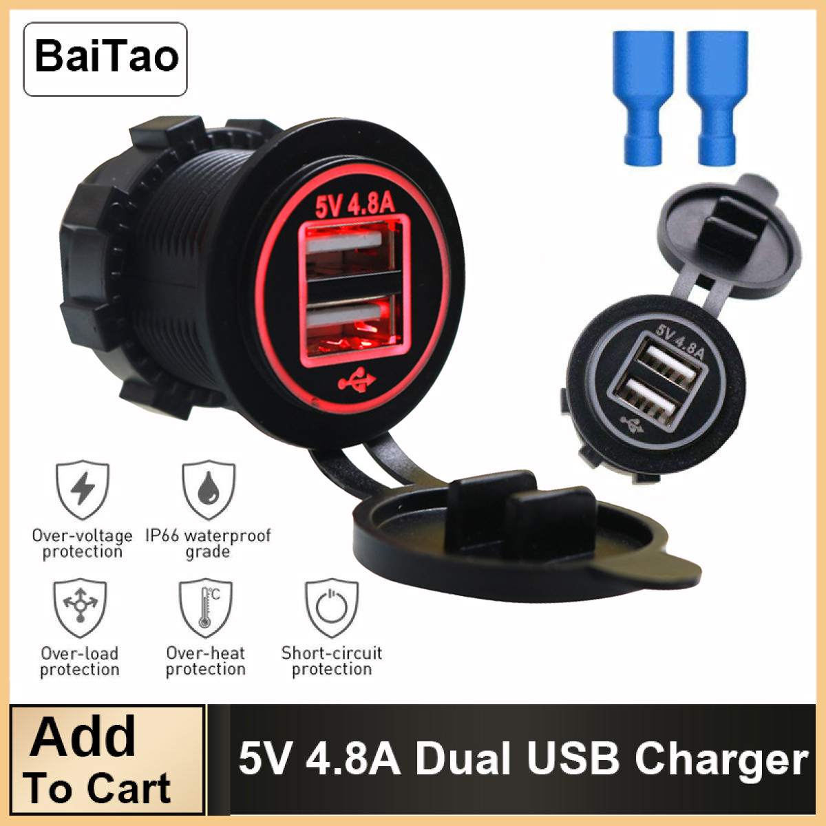 Baitao 4.8A ชาร์จไฟในรถแบบ Dual USB พอร์ตรถจักรยานยนต์ชาร์จกันน้ำชาร์จซ็อกเก็ต S plitter สำหรับ 12-24 โวลต์ยานพาหนะเรือทะเล