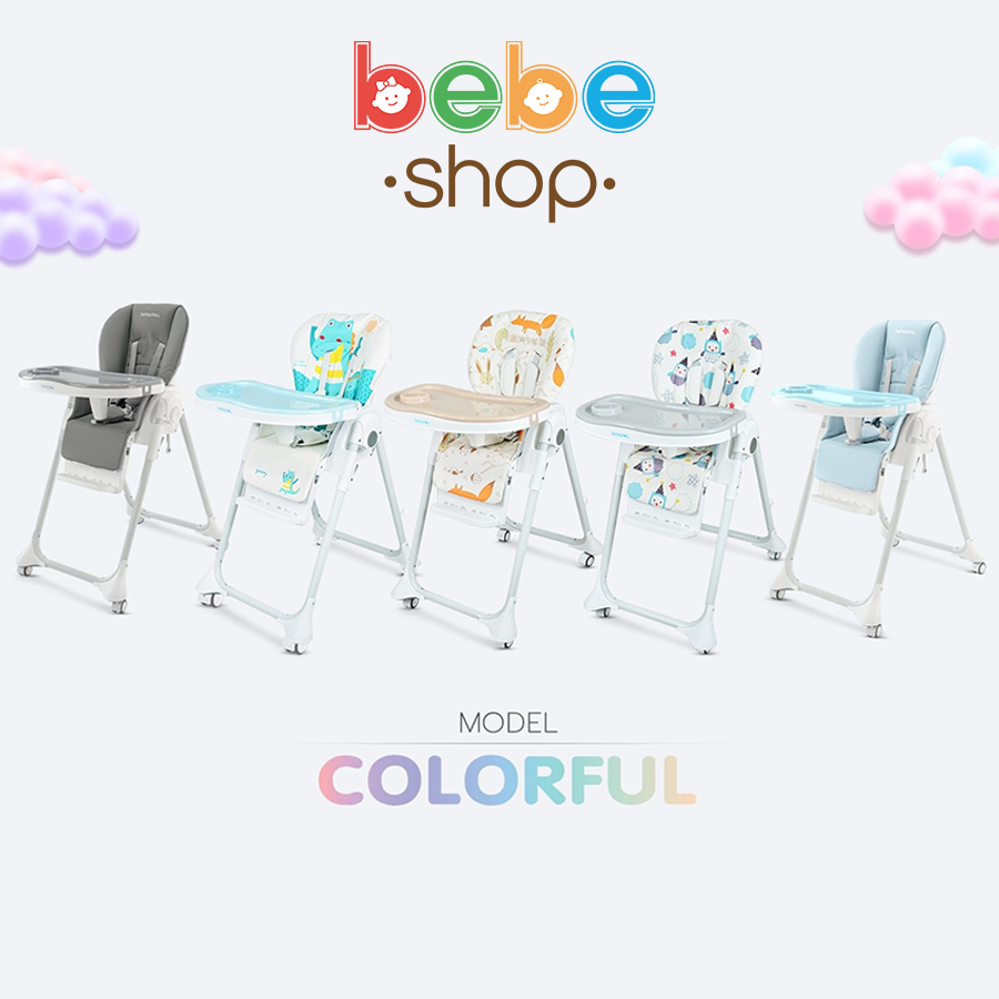 เก้าอี้กินข้าวเด็ก BebePlay รุ่น Colorful เบาะหนัง PU ถอดซักได้ ปรับสูงได้ 8 ระดับ มีล้อ ถอดได้ พร้อมถาดอาหาร 2 ชั้น วัสดุ HDPE FOODGRADE / BPA Free