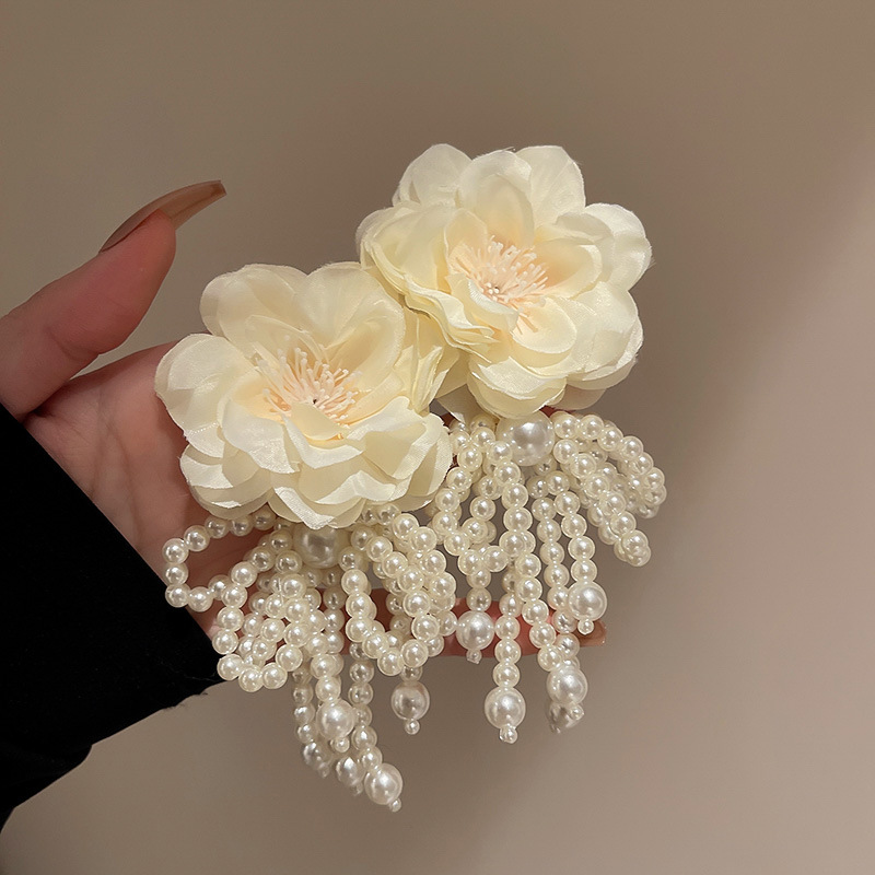 Pearl flower bow tassel drop earrings for women silver pin