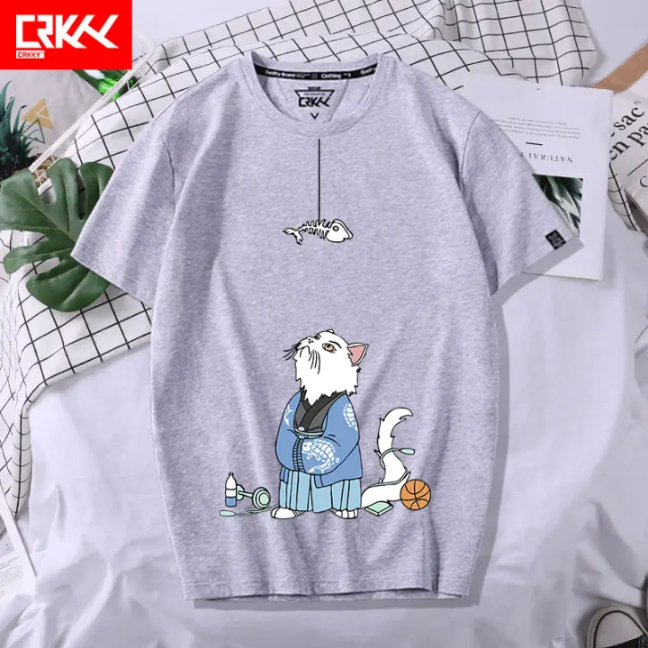 Summer White T Shirt Men S Short Sleeve Personality Fashion Loose Cartoon Cat Eating Fish Printing Stylish Teenagers Half Sleeve Lazada Singapore - cartoon cat shirt roblox id