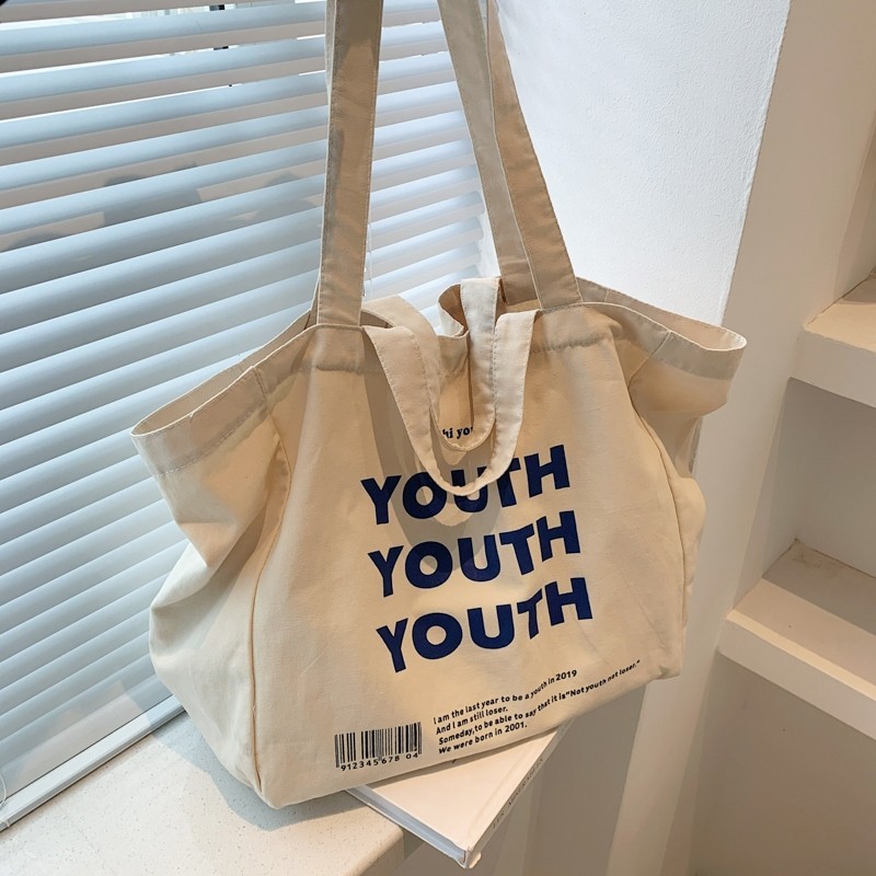 [พร้อมส่งจากไทย] Canvas Bag กระเป๋าผ้าแคนวาสขนาดใหญ่ รุ่น Youth แบบสายสองระดับ สะพายและถือได้