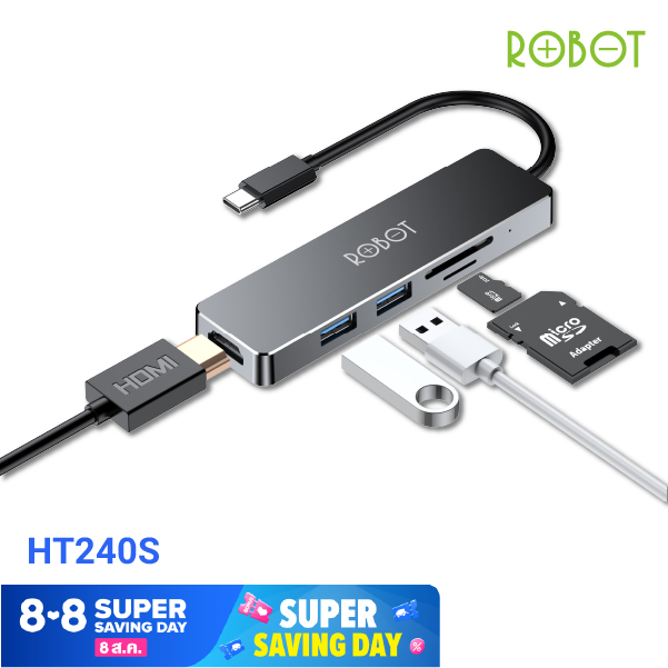 [ทักแชทรับส่วนลดเพิ่ม] ROBOT HT240S multiport adapter for type-c devices อะแดปเตอร์ USB2.0 USB3.0 Type—C  HUB  5in1 [ประกัน 12 เดือน]