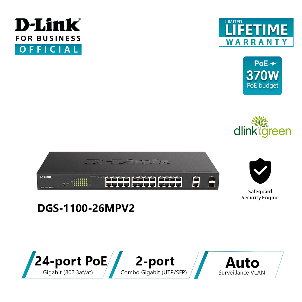 D-Link DGS-1100-26MPV2 : 26-Port Layer 2 Lite Smart Managed PoE (370W) Gigabit Switch (2-port UTP/SFP Combo) ราคา 17,290 บาท*ส่งฟรี