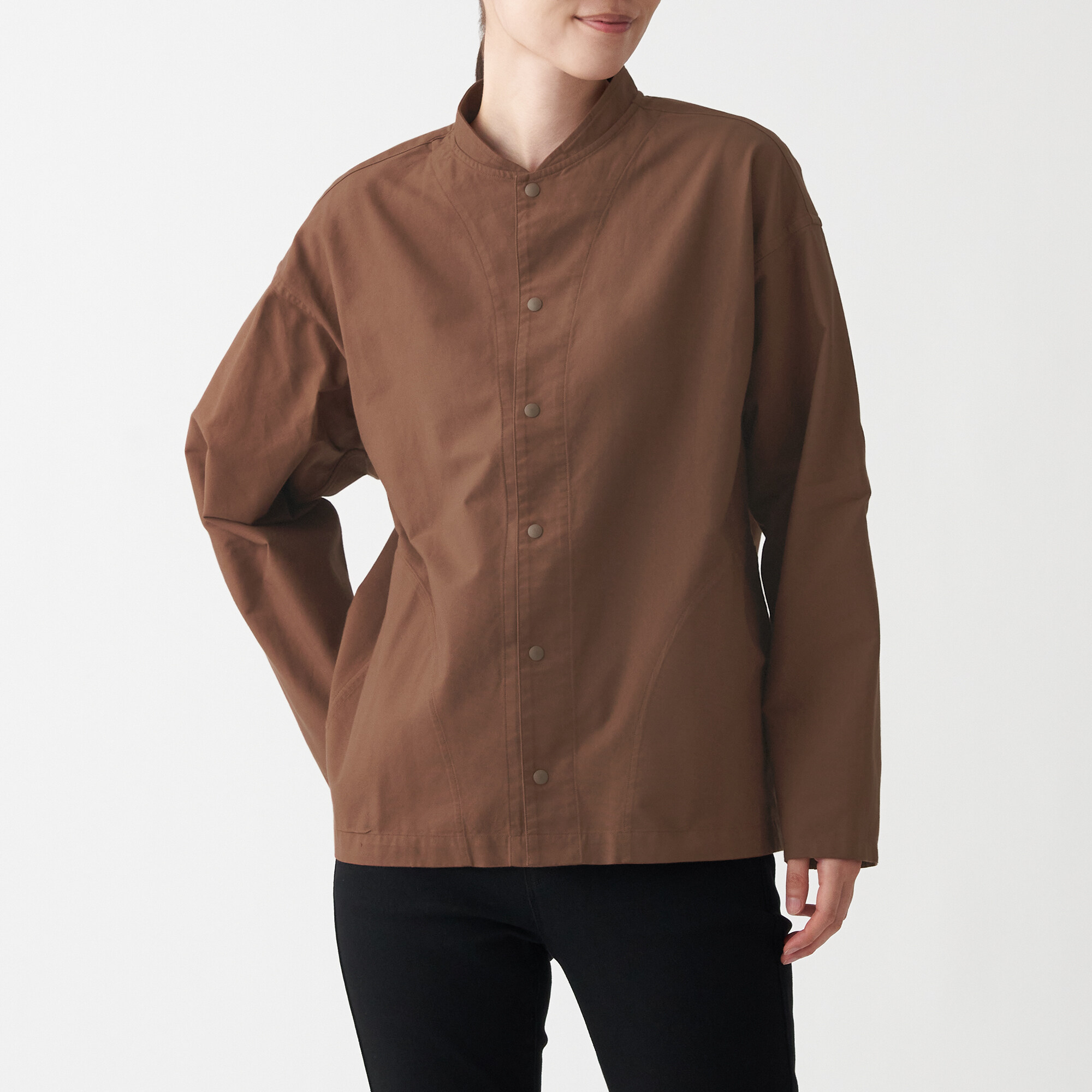 มูจิ เสื้อเชิ้ตผ้าออกซฟอร์ตฟอก ปกตั้ง Unisex - MUJI Washed Oxford Stand Collar Shirt สี อิฐ ขนาด L|XL
